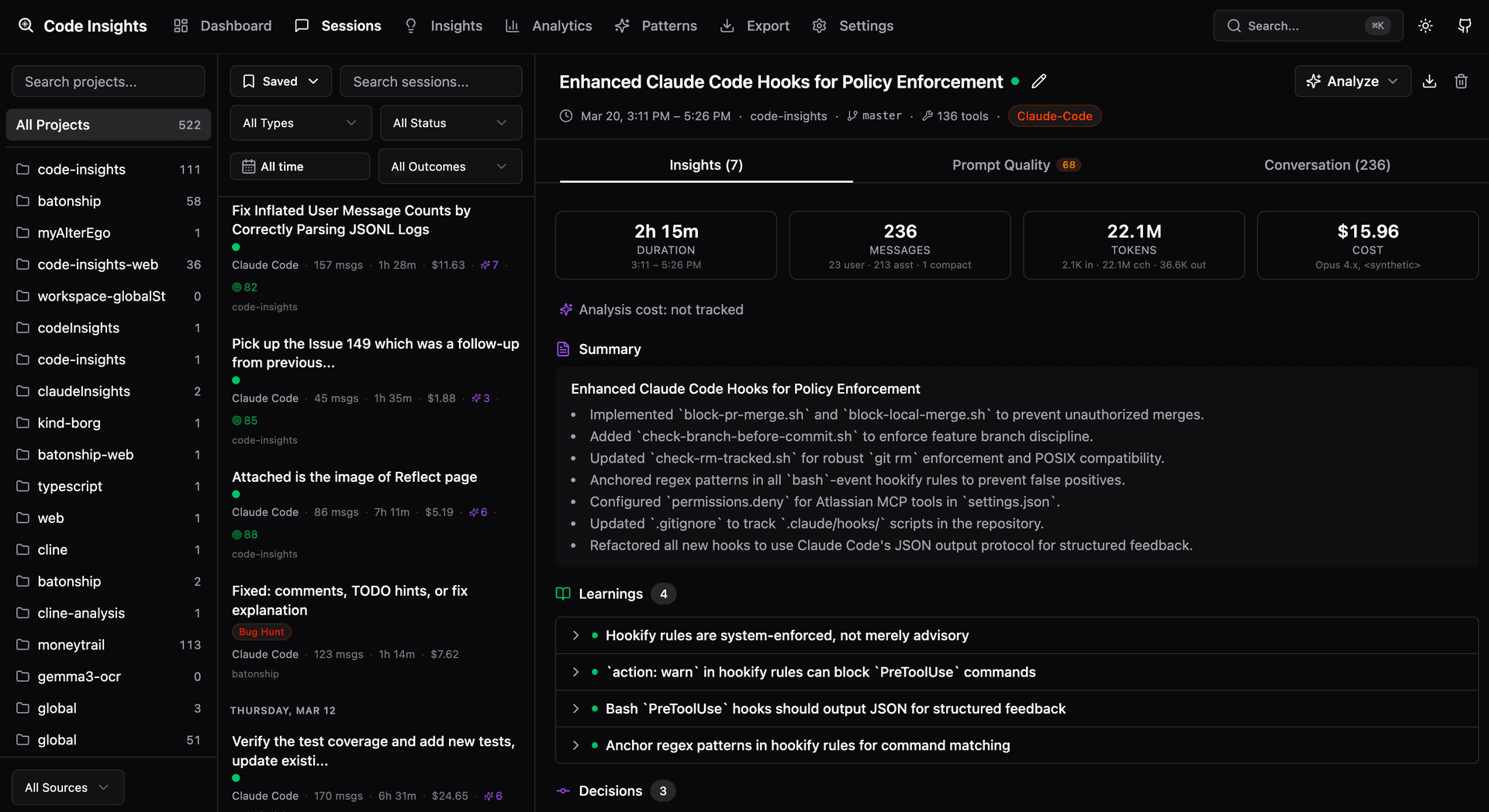 Code Insights — session browser with insights, learnings, decisions, and prompt quality