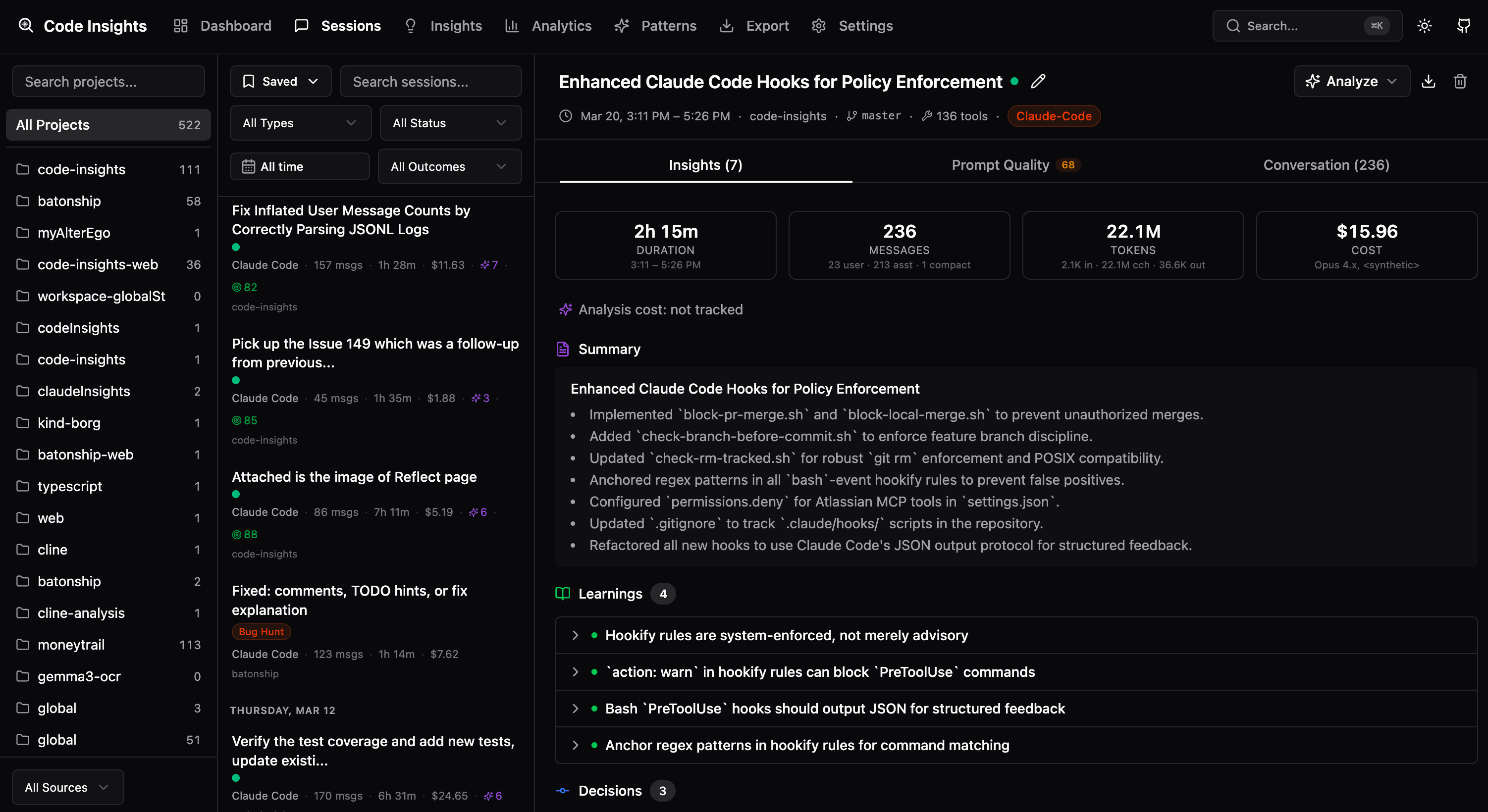 Code Insights — session browser with insights, learnings, decisions, and prompt quality