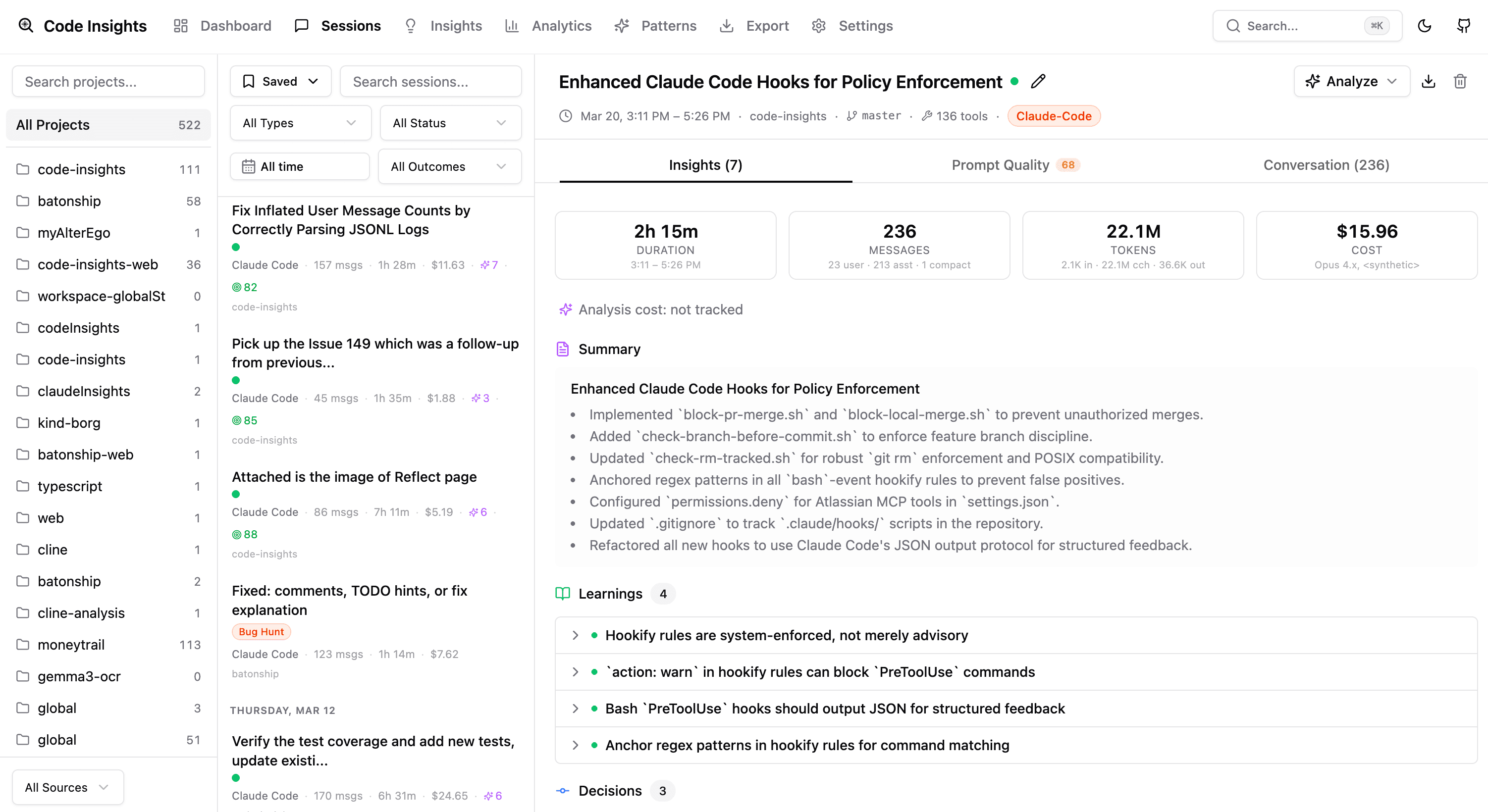 Code Insights — session browser with insights, learnings, decisions, and prompt quality