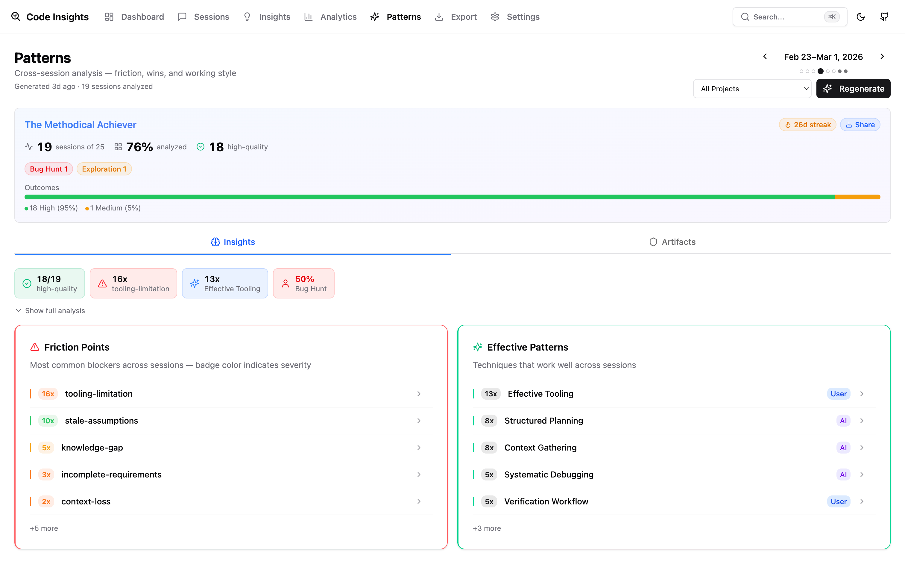 Patterns page — friction points, effective patterns, working style